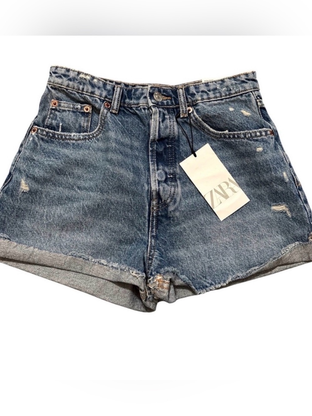 Zara Distressed Rolled-Hem Denim Shorts - Blue